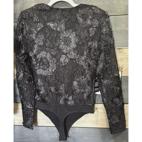 NWT Express Black Lace Sheer Embroidered V-Neck Long Sleeve Thong Bodysuit S - Picture 4 of 6